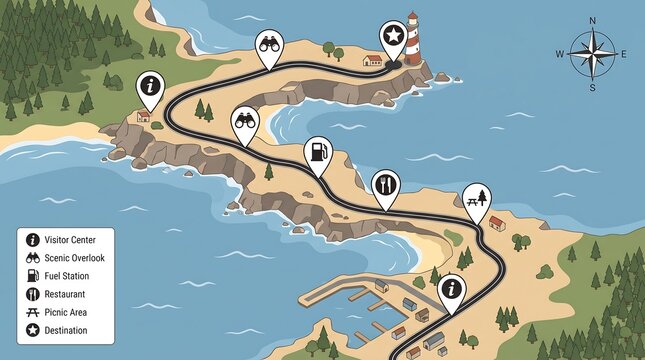 Scenic coastal road trip map illustrating a winding route with various points of interest and a lighthouse.