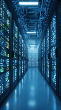 Data Center Server Racks with Glowing LED Lights Cloud Computing Background