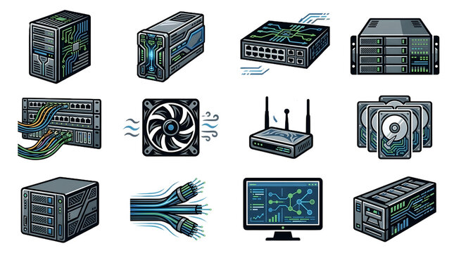Network server and computer hardware icons set with routers cables and storage