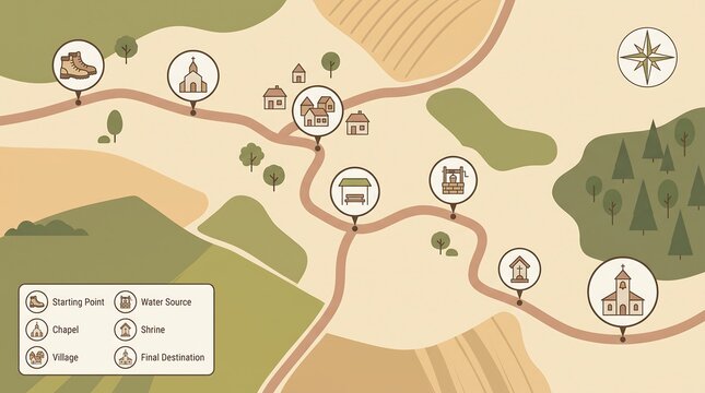 A charming illustrated map depicting a scenic hiking trail through rolling hills and quaint villages, marked with various points of interest.