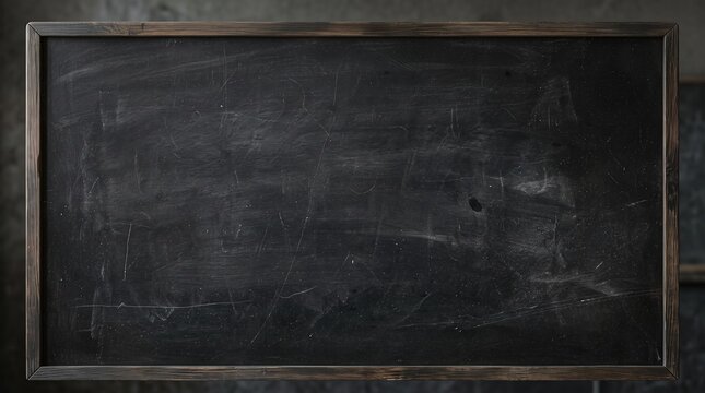 Vintage black chalkboard with wooden frame, empty slate background for education, rustic dark chalkboard texture for restaurant menu