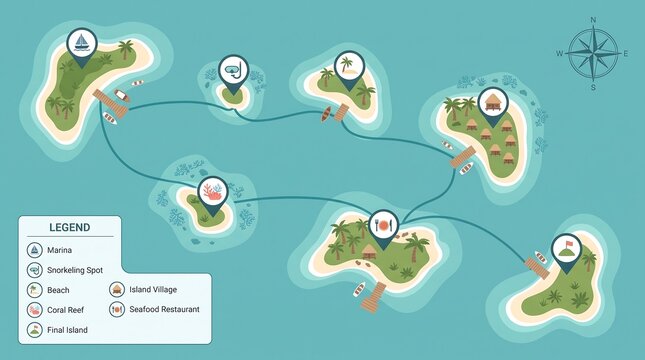 A colorful illustrated map showing a tropical island hopping tour route with various points of interest like beaches, snorkeling spots, and seafood restaurants.