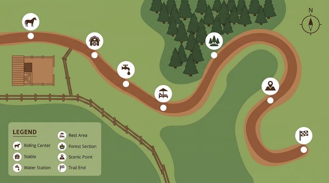 A winding trail map illustrating a scenic route with various points of interest including a riding center, stables, picnic areas, and viewpoints.