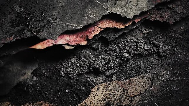 Close up of rusty metal surface with peeling paint and textured corrosion layers