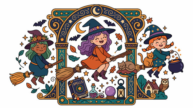 Whimsical Witches Flying on Broomsticks at Night
