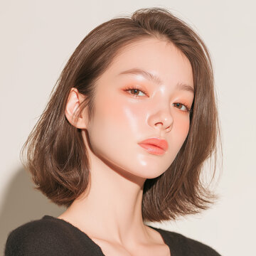 美容, 女性, 若い女性, スキンケア, 化粧品, ビューティー, 美肌, ポートレート, クローズアップ, メイク, ナチュラルメイク, ツヤ肌, 透明感, 清潔感, モデル, 美容広告, コスメ広告, 美容液, 保湿, フェイスケア, 肌ケア, ベースメイク, ファンデーション, リップメイク, アイメイク, ヘアケア, ヘアスタイル, ボブヘア, ミディアムヘア, ブラウンヘア, 黒い服, 