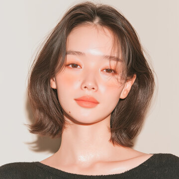 美容, 女性, 若い女性, スキンケア, 化粧品, ビューティー, 美肌, ポートレート, クローズアップ, メイク, ナチュラルメイク, ツヤ肌, 透明感, 清潔感, モデル, 美容広告, コスメ広告, 美容液, 保湿, フェイスケア, 肌ケア, ベースメイク, ファンデーション, リップメイク, アイメイク, ヘアケア, ヘアスタイル, ボブヘア, ミディアムヘア, ブラウンヘア, 黒い服, 