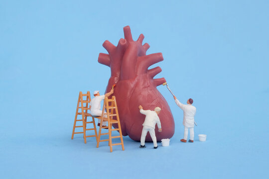 Miniature maintenance workers cleaning and maintaining a human heart model, concept of cardiovascular health, heart care, and cardiology treatment.