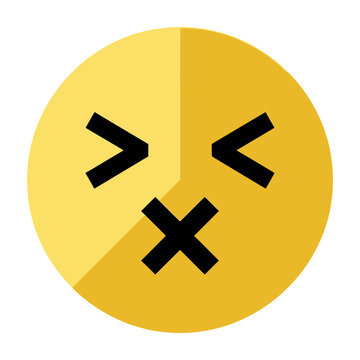 Yellow dead emoji icon with crossed out eyes and mouth on white background isolated symbol