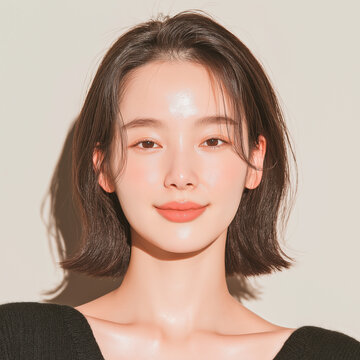 美容, 女性, 若い女性, スキンケア, 化粧品, ビューティー, 美肌, ポートレート, クローズアップ, メイク, ナチュラルメイク, ツヤ肌, 透明感, 清潔感, モデル, 美容広告, コスメ広告, 美容液, 保湿, フェイスケア, 肌ケア, ベースメイク, ファンデーション, リップメイク, アイメイク, ヘアケア, ヘアスタイル, ボブヘア, ミディアムヘア, ブラウンヘア, 黒い服, 