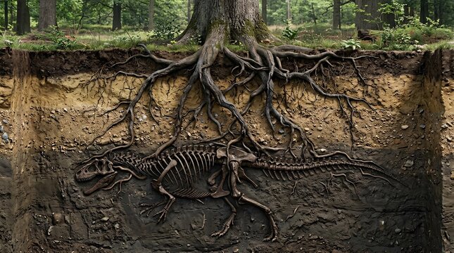 Cross-section view of earth showing deep tree roots growing above a buried tyrannosaurus rex dinosaur fossil.