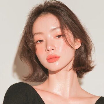 美容, 女性, 若い女性, スキンケア, 化粧品, ビューティー, 美肌, ポートレート, クローズアップ, メイク, ナチュラルメイク, ツヤ肌, 透明感, 清潔感, モデル, 美容広告, コスメ広告, 美容液, 保湿, フェイスケア, 肌ケア, ベースメイク, ファンデーション, リップメイク, アイメイク, ヘアケア, ヘアスタイル, ボブヘア, ミディアムヘア, ブラウンヘア, 黒い服, 
