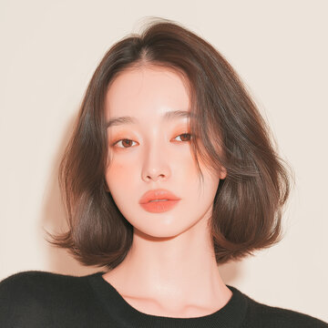 美容, 女性, 若い女性, スキンケア, 化粧品, ビューティー, 美肌, ポートレート, クローズアップ, メイク, ナチュラルメイク, ツヤ肌, 透明感, 清潔感, モデル, 美容広告, コスメ広告, 美容液, 保湿, フェイスケア, 肌ケア, ベースメイク, ファンデーション, リップメイク, アイメイク, ヘアケア, ヘアスタイル, ボブヘア, ミディアムヘア, ブラウンヘア, 黒い服, 