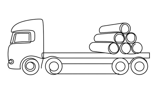 Flatbed truck carrying logs on white background.