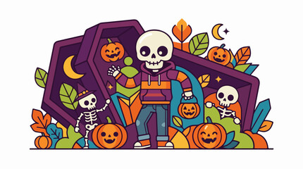 Naklejka premium Halloween skeleton characters with pumpkins and coffin
