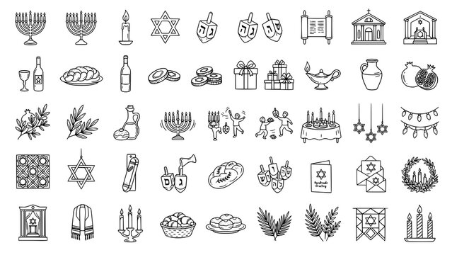 Set of hand drawn jewish holiday icons for hanukkah and religious celebrations