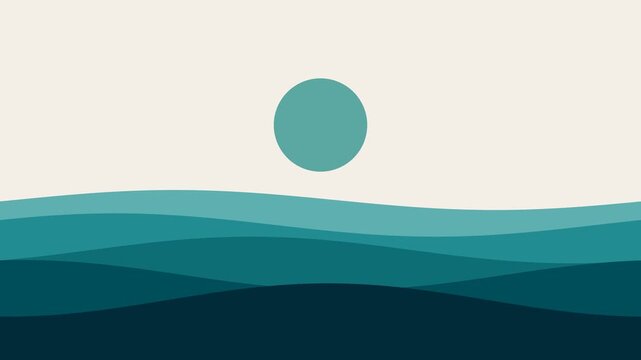 Minimalist abstract illustration of rolling ocean waves under a teal sun