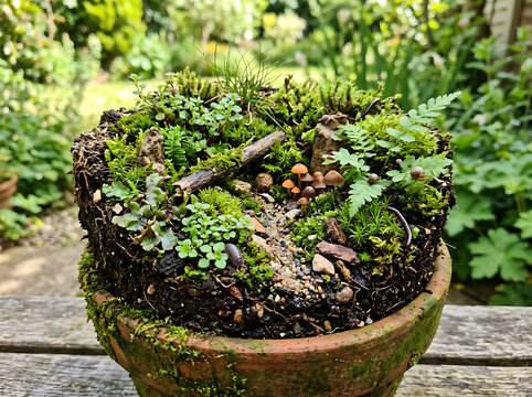 Thriving Miniature Garden Ecosystem A close-up view of a mossy landscape with tiny plants and delicate mushrooms nestled in a terracotta pot, capturing nature's serene beauty