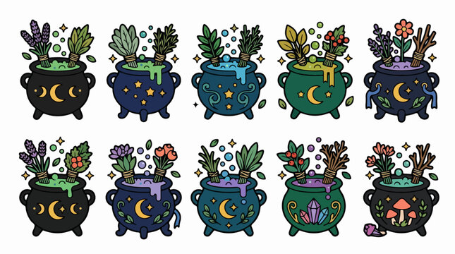 Colorful Witch Cauldrons with Magic Potions and Herbs
