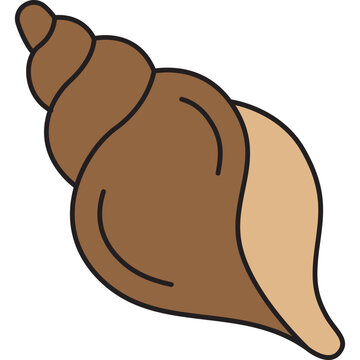 A simple and clean vector illustration of a brown spiral conch seashell with a beige opening, isolated on a black background.