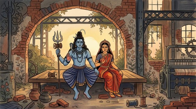 Hindu deity shiva and parvati sitting together inside industrial factory ruins