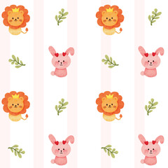 Fototapeta premium Seamless Pattern Rabbit Lion Animal Nature Cute Illustration for Baby Fabric with Stripe Background