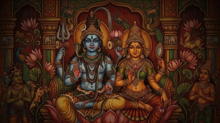 Fototapeta premium Hindu mythology painting featuring deities sitting together on a lotus flower