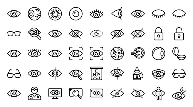 Eye and Vision Editable Line Icon Set with Visible, Hidden, Invisible, Eye Care, Medical, View, Vision, Eyeball, and UI Symbols
