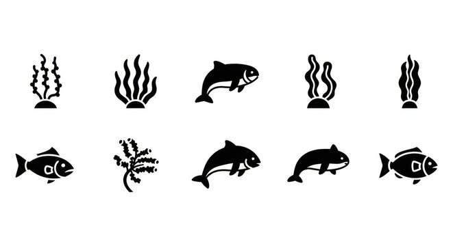 Fish and seaweed ocean icons set.