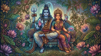 Obraz premium Divine Hindu deities Shiva and Parvati seated together in a lush floral garden