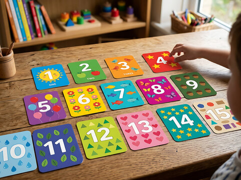 Educational Number Flashcards for Kids Learning Math and Counting Skills on a Rustic Wooden Background in a Classroom