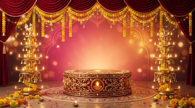 Festive indian background with traditional oil lamps, marigold flowers, and elegant red curtains for diwali or navratri celebration