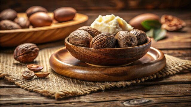 Nuts in Wooden Bowls with Creamy Dessert on Rustic Table