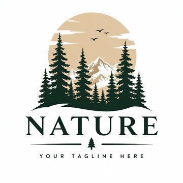 Vintage badge logo design with pine trees and mountain scenery