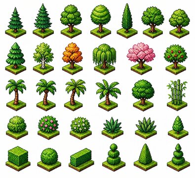 Set of pixel art trees and bushes for isometric game design elements