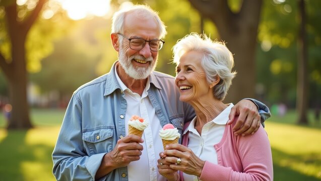 Happy senior couple enjoying ice cream together during warm summer day in green park. Smiling elderly man and woman spending quality time outdoors, celebrating active retirement, healthy aging concept