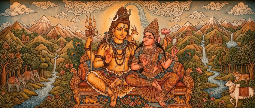 Hindu deities shiva and parvati seated on ornate throne amidst mountain landscape painting