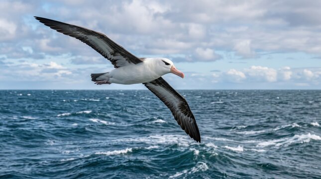 Albatross bird flying over the blue ocean water