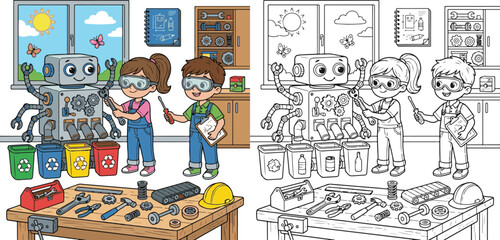 Naklejka premium young mechanical engineer building a friendly recycling helper machine builders & engineers stem cartoon clipart and lineart print vector illustration school student educational color coloring book