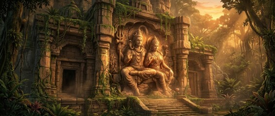 Fototapeta premium Ancient stone relief sculpture of Hindu deities carved into a jungle temple wall at sunrise
