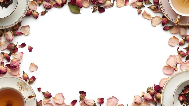 Elegant porcelain tea cups surrounded by delicate dried rose petals arranged on a white background surface