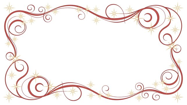 Decorative frame featuring elegant red swirls and sparkling gold stars on a crisp white background
