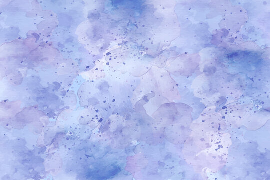 Purple and blue watercolor texture background with paint splatter. Abstract cloudy fluid ink wash backdrop for creative galaxy design layout.