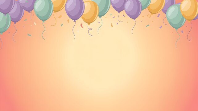 Colorful party balloons with floating confetti on a soft orange background for festive celebration event invitations