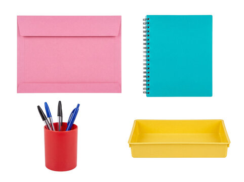Assorted vibrant office and school items, including an envelope, spiral notebook, pens in a holder, and a tray.