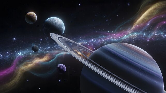 Majestic ringed planet floats amidst a colorful glowing nebula in deep space with multiple small moons