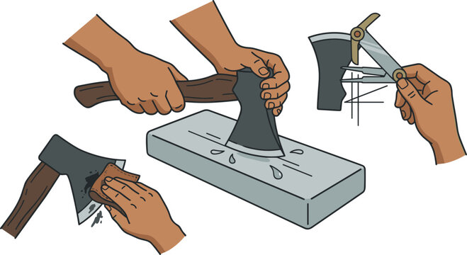 Traditional Axe Sharpening and Tool Maintenance Process Vector Set Featuring Hands Grinding Hatchet Blade on Whetstone Measuring Edge Angle with Bevel Gauge and Wiping Rust