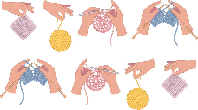 Traditional Crochet and Knitting Craft Process Vector Set Featuring Hands Weaving Mandala Patterns with Crochet Hook Knitting with Wooden Needles and Holding Yarn Balls
