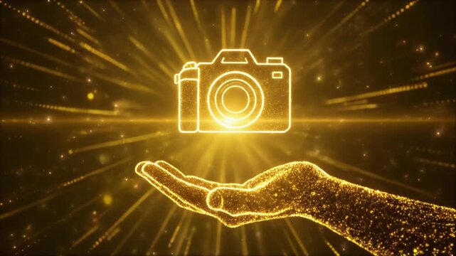 Glowing golden camera icon hovering over a particle hand with radial light bursts and sparkling dust animation background.