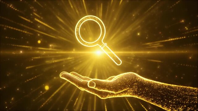 Golden particle hand holding a glowing magnifying glass search icon with radiant light rays and shimmering dust background